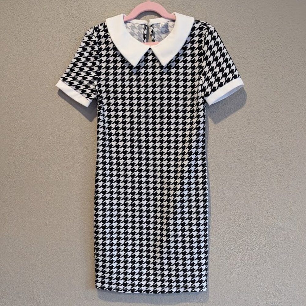 SHEIN Girls Black White Houndstooth Peter Pan Collar Shift Dress 10Y (Fits 7/8)
